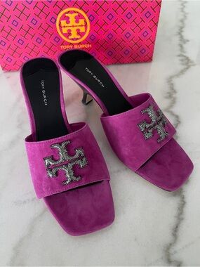 $795 New, Authentic Tory Burch Women's Pink Suede Slide Sandals heels shoes 9.5